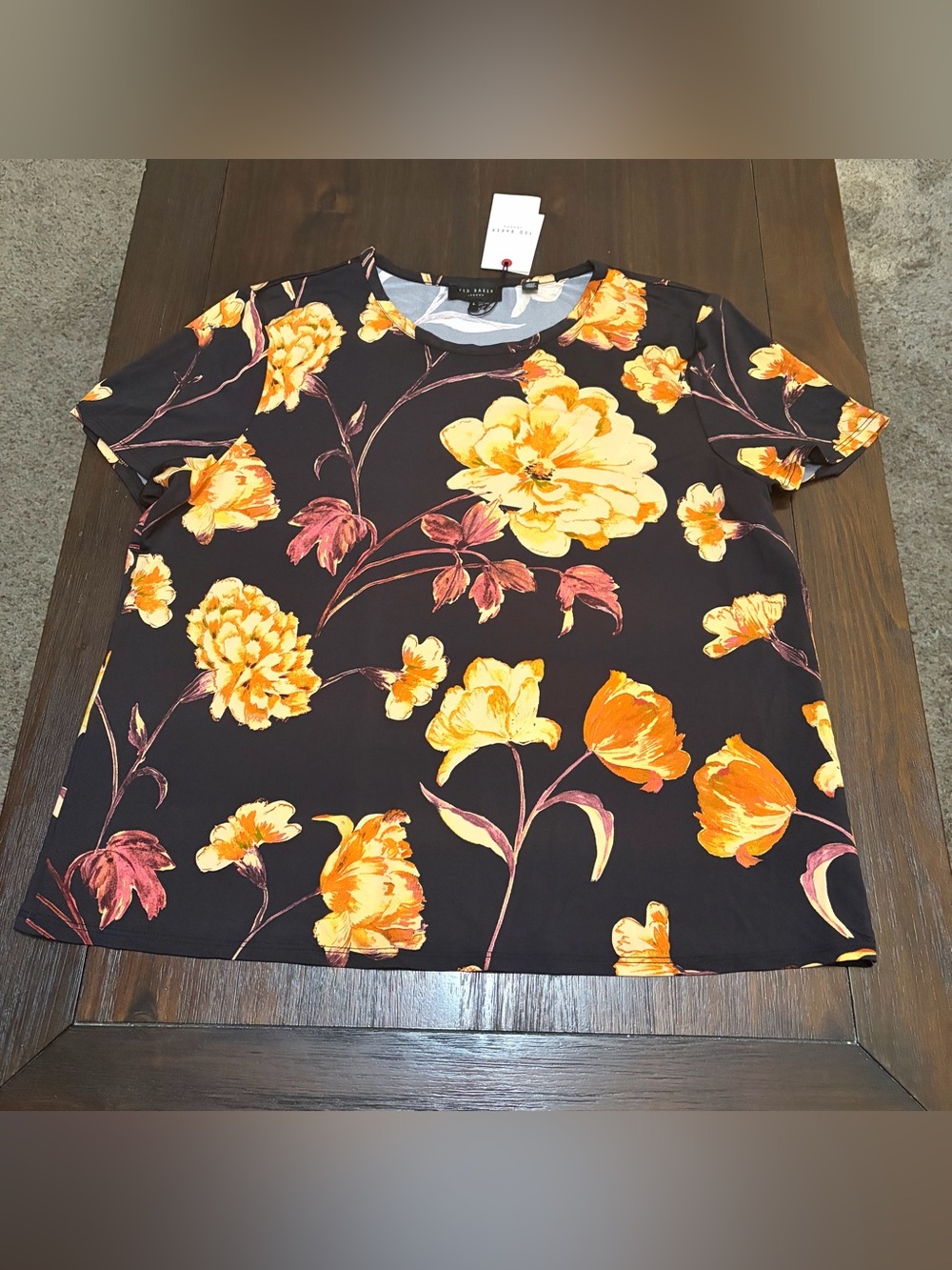 Ted Baker Tarissa Tee Floral Jersey Knit Top Black Gold - Picture 7 of 10